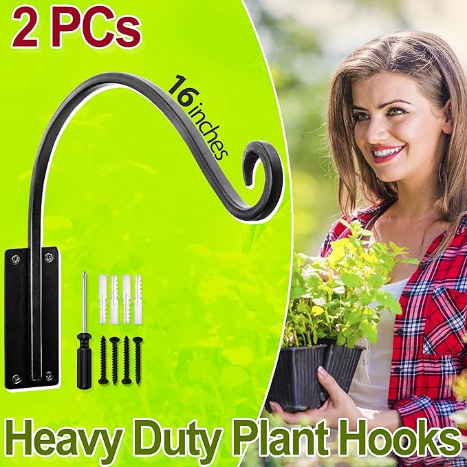 AJART Hanging Plant Hanger Outdoor: 2Pieces Bird Feeder Wall Hooks - 16-Inch Heavy-Duty Plant Bracket Hook for Hanging Flower Baskets