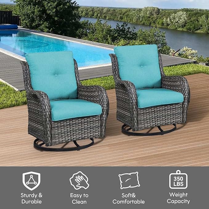 Outdoor Swivel Rcoker Wicker Chairs - Swivel Patio Chairs Set of 2 Patio Furniture Sets with Covered Cushion for Porch Deck Balcony Backyard, Turquoise Cushion