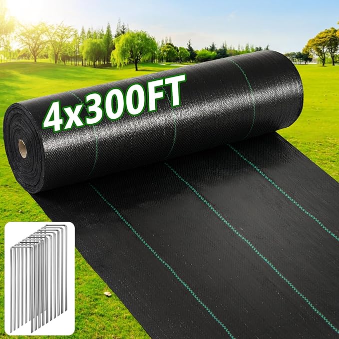 4ft×300ft Garden Weed Barrier Fabric, 3.2oz Premium Weed Blocker with 60 U-Shaped Securing Pegs, Weed Preventer for Gravel, Driveway, Gardening, Farming, Underlayment, Landscape