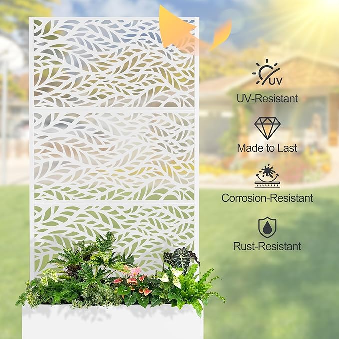 Raised Garden Bed with Trellis and Wheels,73"x35"x16" Metal Raised Garden Bed,White Flowing Leaf Metal Planter with Climbing Trellis for Vines & Vegetables