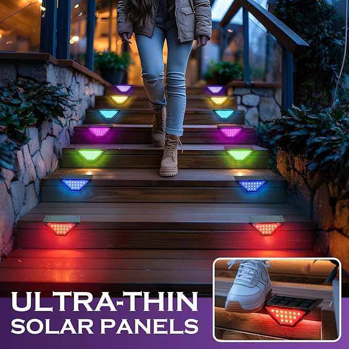 SOLPEX Solar Step Lights for Outside, 24 LEDs Solar Stair Lights Outdoor Waterproof Decor for Porch, Front Door, Stair, Step, Deck, Fence, Balcony, Patio, Wall, Yard, Garden(12 Pack,RGB)