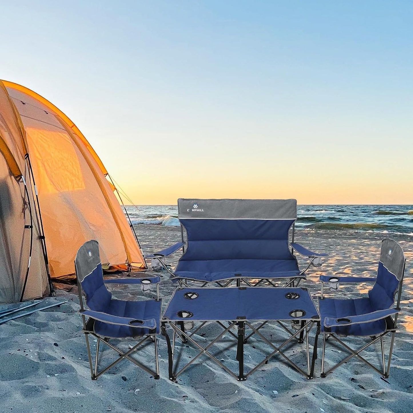 CAMPHILL Camping Chair Set of 3, Outdoor Folding Camping Chairs for Heavy People with Cup Holder & Carry Bag,Collapsible Chair Include One Sofa Chair and Two Single Chair,Support up to 500lbs