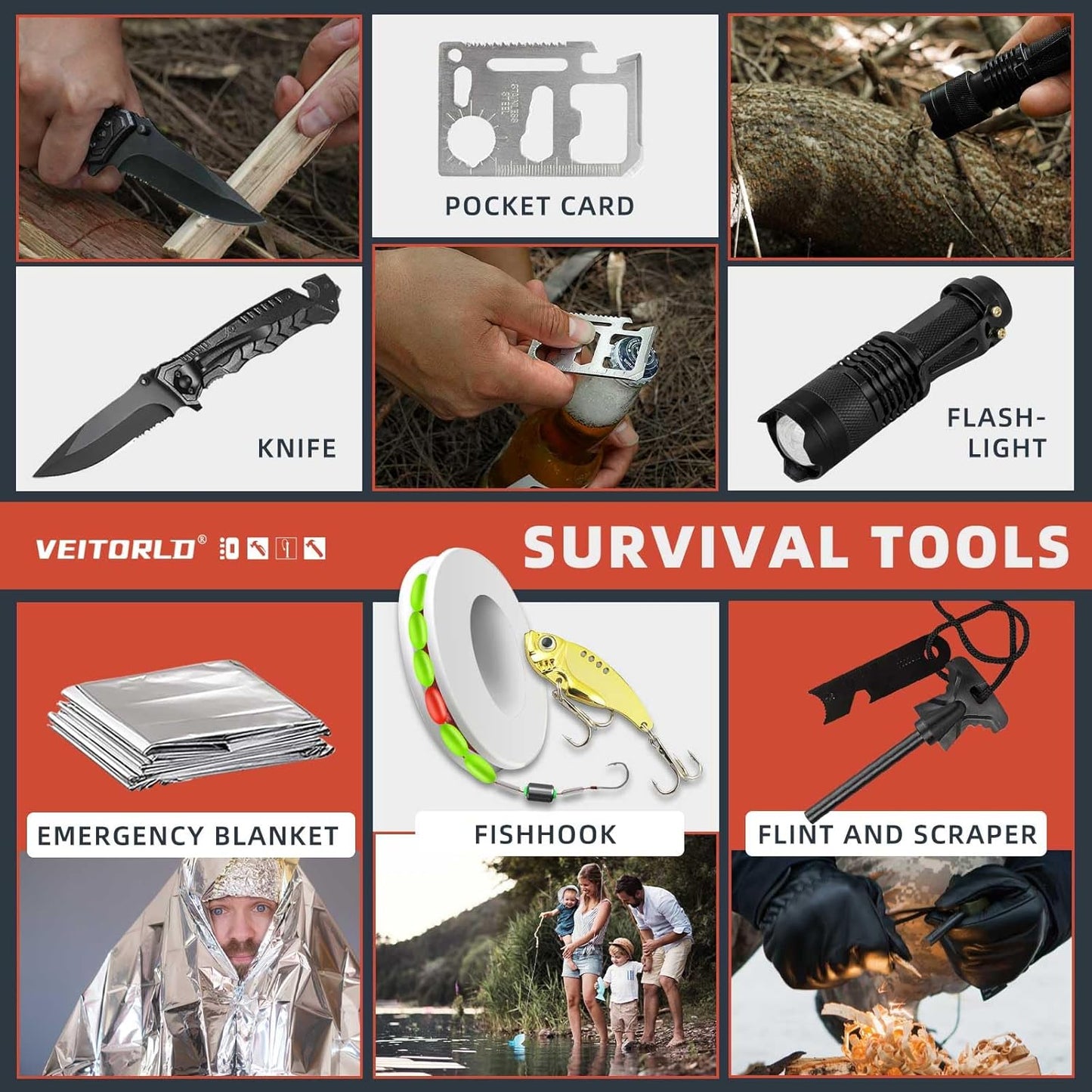 VEITORLD Gifts for Men Dad Him Christmas - Survival Gear and Equipment 12 in 1, Survival Kits - Cool Unique Fishing Hunting Birthday Gifts for Husband Teen Boy Boyfriend Women, Mens Stocking Stuffers