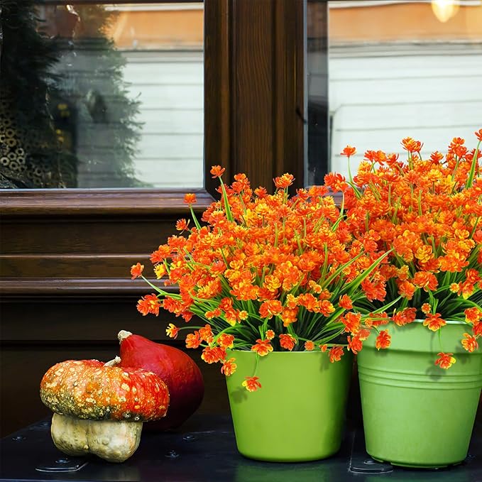 24 Bundles Artificial Fall Flowers Outdoor,No Fade Fake Plastic Flowers,Faux Autumn Plants for Thanksgiving Xmas Decor,Hanging Planters Indoor Outside Garden Porch Window Box Home Wedding