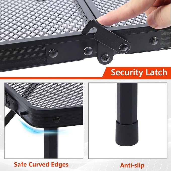 Folding Grill Table, 3x2 FT Portable Camping Table, Height Adjustable Metal Tables with Mesh Desktop and Mesh Bag, Outdoor Furniture for Camping, Picnic, Beach and BBQ, Black