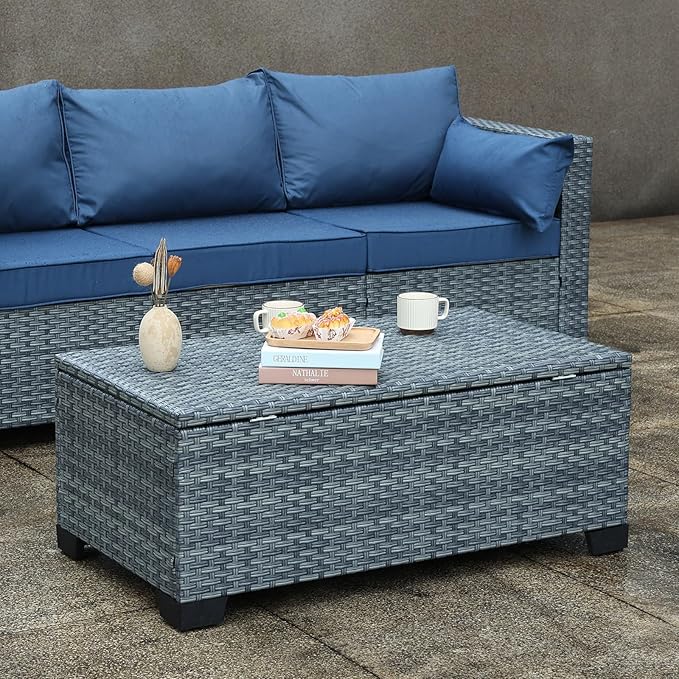 Outdoor Storage Table Wicker Patio Coffee Table All-Weather Rattan Side Table with Waterproof Cover, Grey