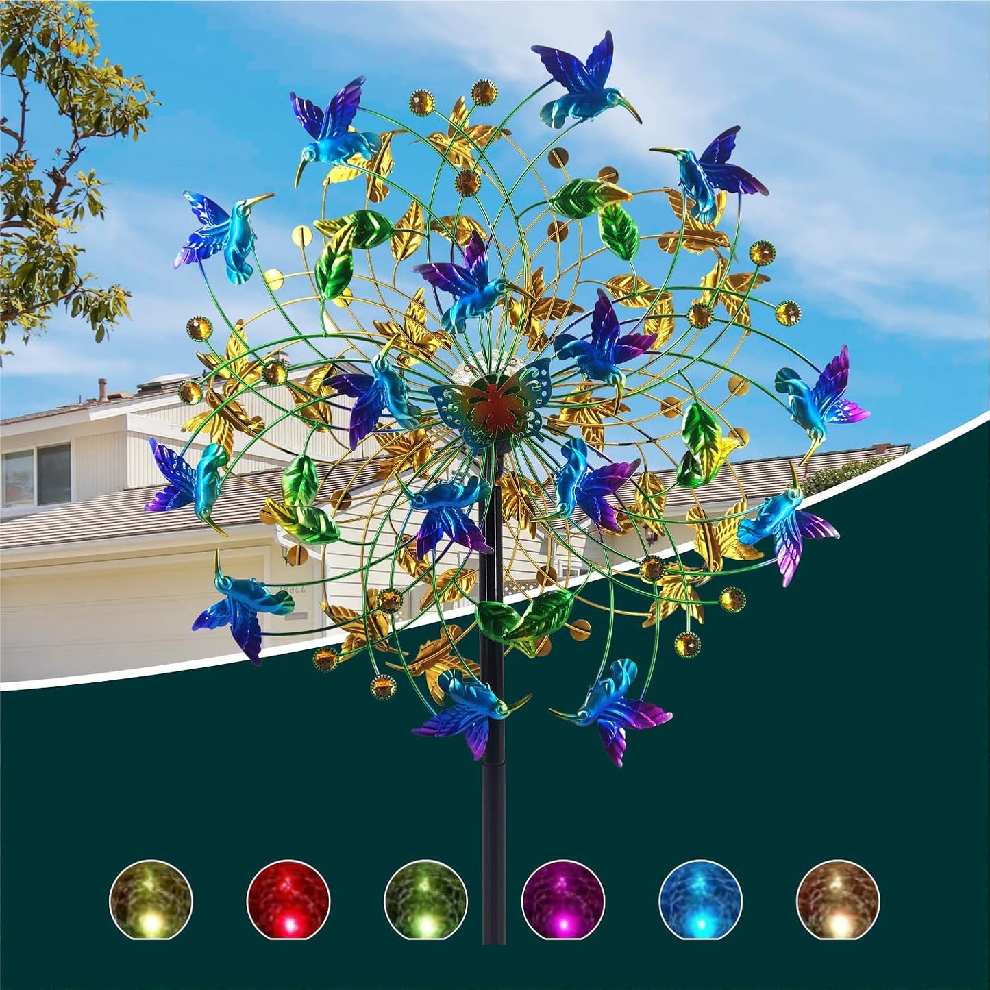 Outdoor Wind Spinner with Garden Stake 82.7" Metal Two-Way Wind Sculptures Solar Color Changing Lights Large Windmills for Garden,Patio,Yard,Lawn Decor Gifts Bird