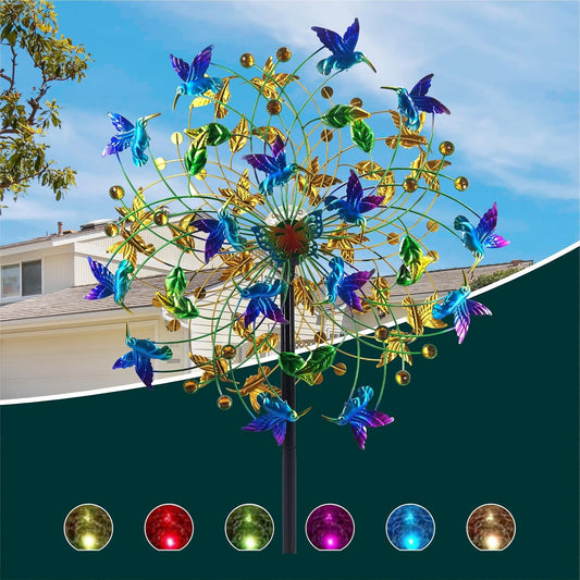 Outdoor Wind Spinner with Garden Stake 82.7" Metal Two-Way Wind Sculptures Solar Color Changing Lights Large Windmills for Garden,Patio,Yard,Lawn Decor Gifts Bird