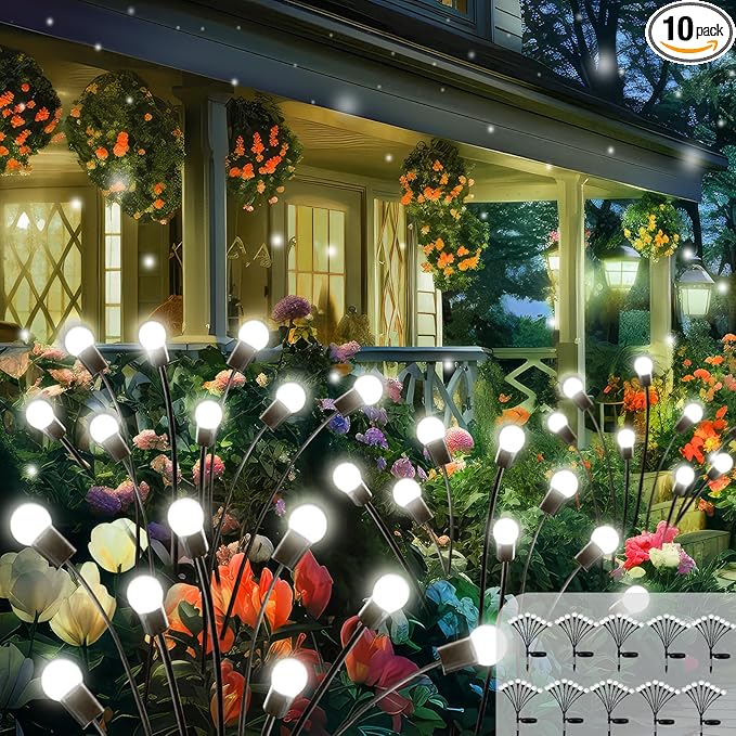 2025 Solar Lights Outdoor Waterproof, 10 Pack Solar Garden Lights, Solar Firefly Lights Outdoor Waterproof, Solar Twinkle Swaying Fairy Light for Yard Patio Pathway Garden Decoration (Cold White)