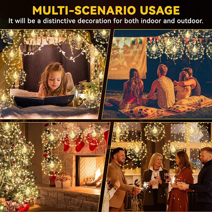 6 Pack Firework Lights 120 LED Copper Wire, 8 Modes Dimmable String With Remote Control, Waterproof Hanging Fairy Lights for Party, Home, Christmas, Garden Outdoor Decoration