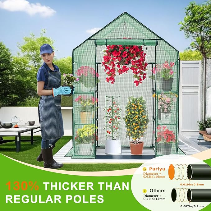 Walk-in Greenhouse for Outdoors w/ Mesh Side Windows, 3 Tiers 6 Shelves PE Cover Green House Portable Warm House for Seedling Flowers Growing 20 Pcs T-Type Plant Tags Include (GHW001G)