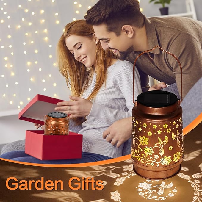 2 Pack Solar Lanterns Outdoor Waterproof Hummingbird Garden Decor Birthday Gifts for Women Mom Grandma Hanging Solar Lights Metal Solar Decoration Outside for Yard, Patio, Backyard, Porch