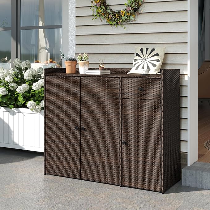 Tangkula Rattan Outdoor Storage Cabinet, Patiojoy Outdoor Cabinet with 4 Adjustable Shelves, 1 Drawer, 3 Doors, Patio Storage Deck Box Table for Patio Garden Poolside (Mix Brown)