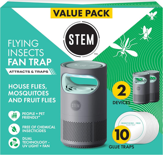 STEM Flying Insect Fan Trap for Indoor Bug Control, Attracts Mosquitoes, Fruit Flies, and House Flies, Plug-in Fan with UV Light, Starter Kit Includes 2 Devices and 10 Glue Traps