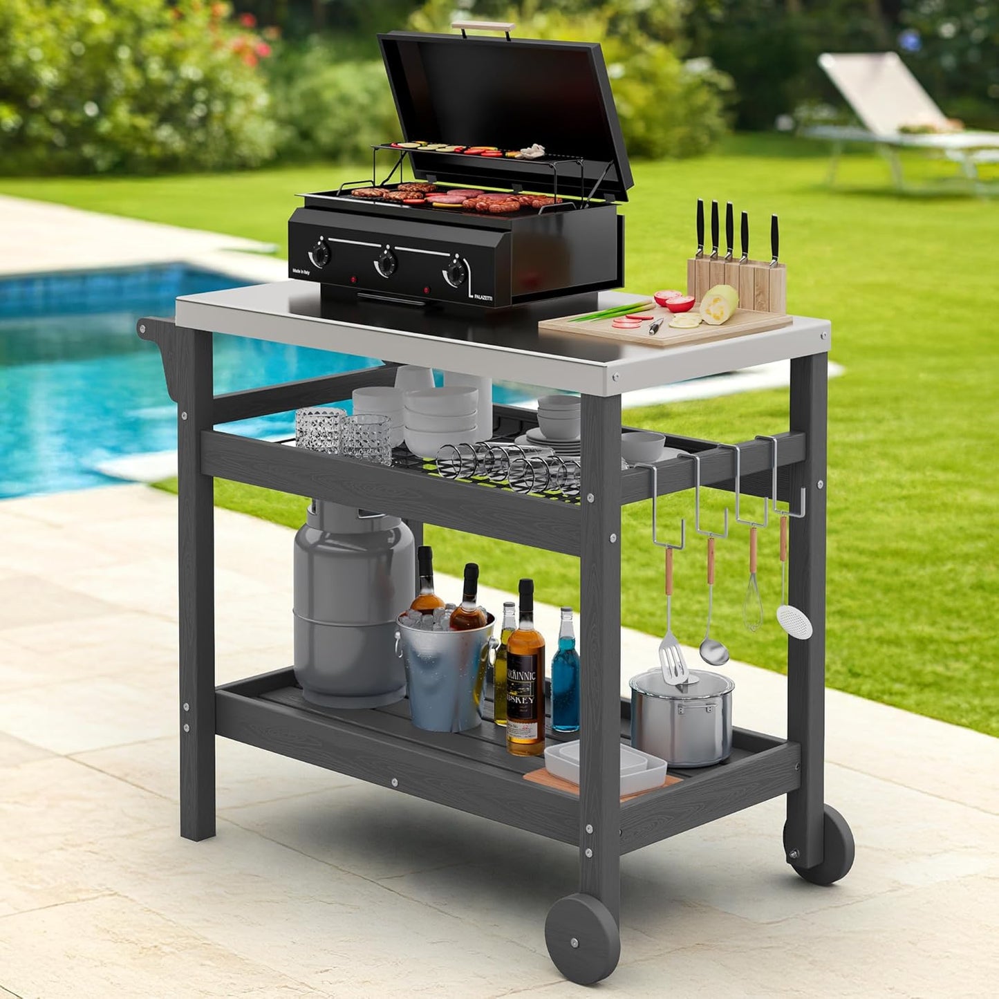 SERWALL Outdoor Grill Cart, HDPE Pizza Oven Stand Trolley Table with Wheels, Three-Shelf Movable Food Prep and Work Table, Grey