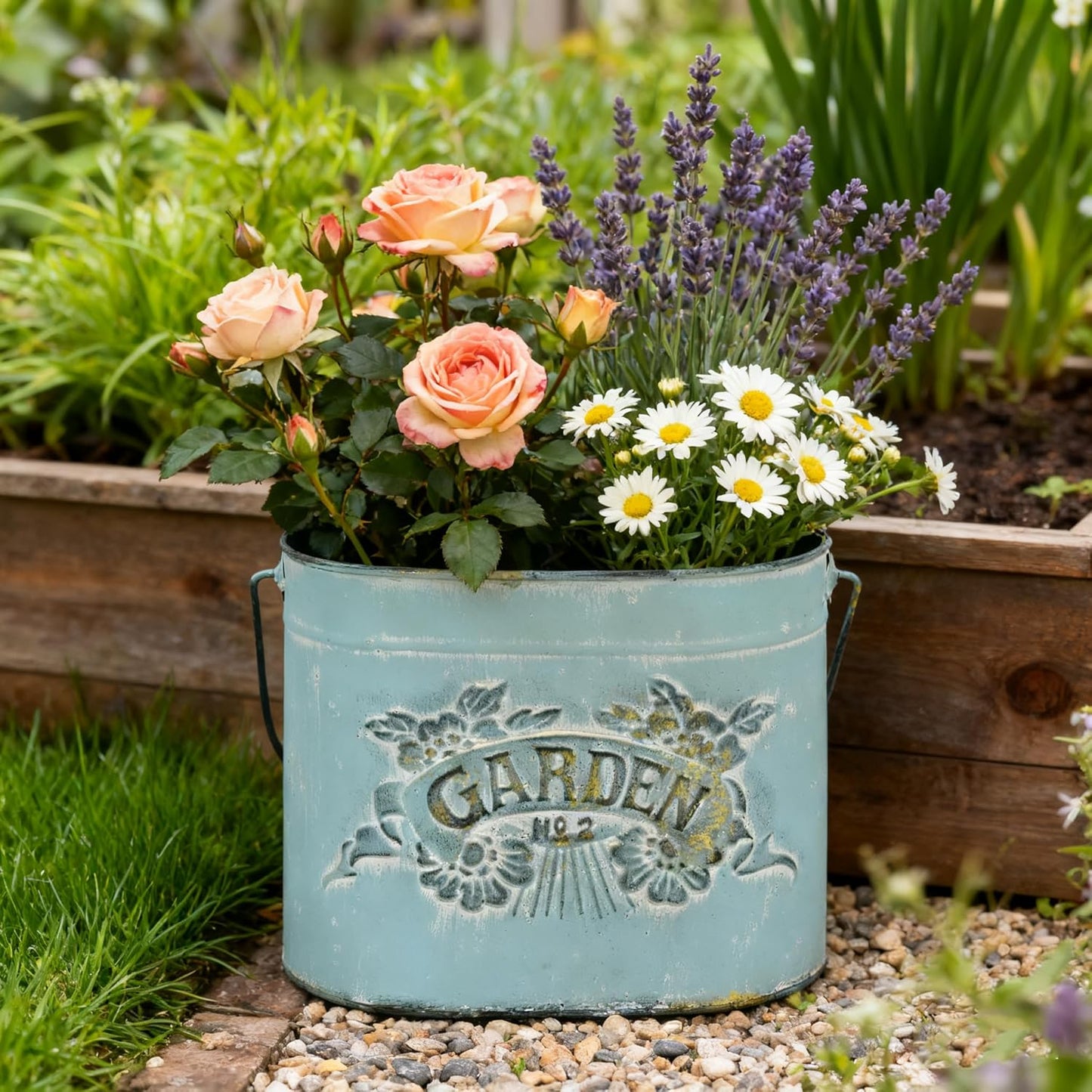 Vintage Distressed Blue Metal Planter Pot with Handles, Garden No.2 Embossed Design, Rustic Farmhouse Flower Bucket for Indoor Outdoor Gardening, Succulents, Herbs, Home Decor