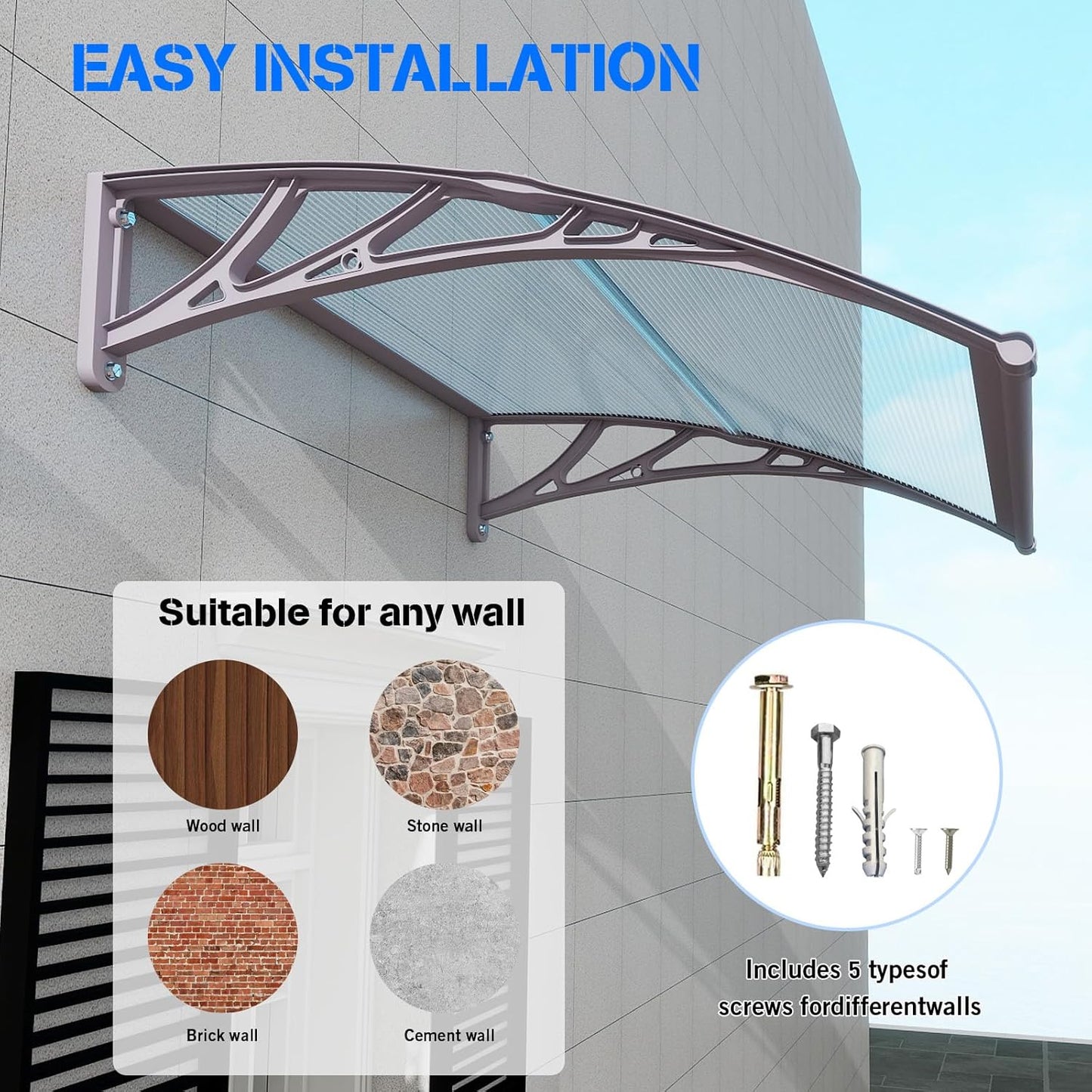 Awning for Door Entrance,32x60 inches Window Awnings for Doors Canopy Polycarbonate Cover Patio Door Awning UV Rain Snow Sunlight Protection Hollow Shee