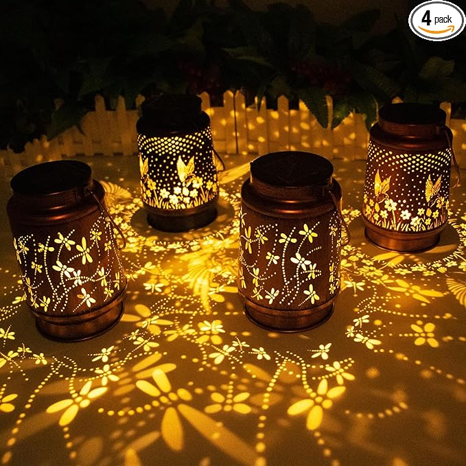 4 Packs Dragonfly&Hummingbird Solar Lantern Lights Outdoor Decor, Hanging Metal Decorations Waterproof with LED Light, Landscape Lights for Garden Patio Yard Lawn Backyard Front Porch