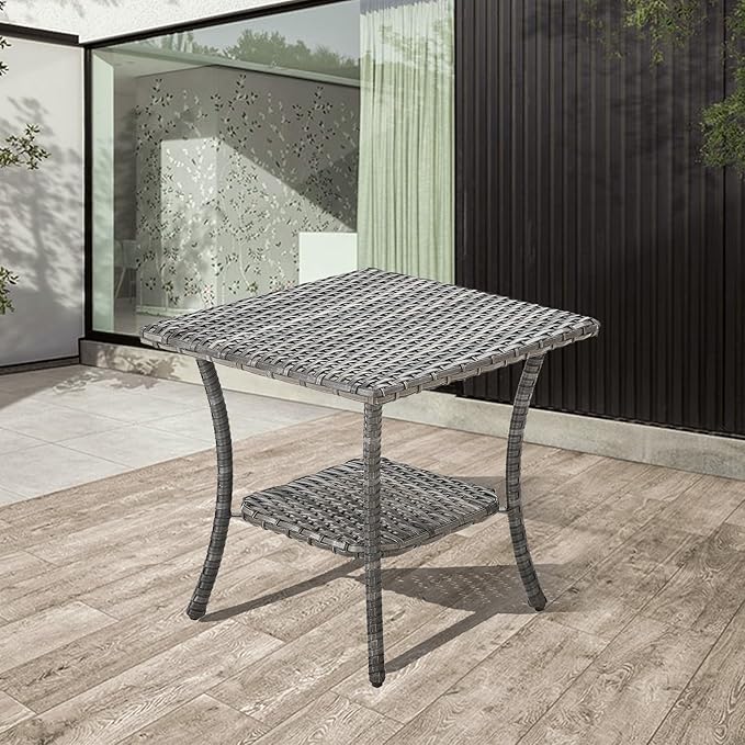 Patio Tables Outdoor Coffee Table - Wicker Rattan Side Tables with 2-Tier Storage Shelf End Table for Porch Deck Balcony Garden Outside Square Mixed Grey