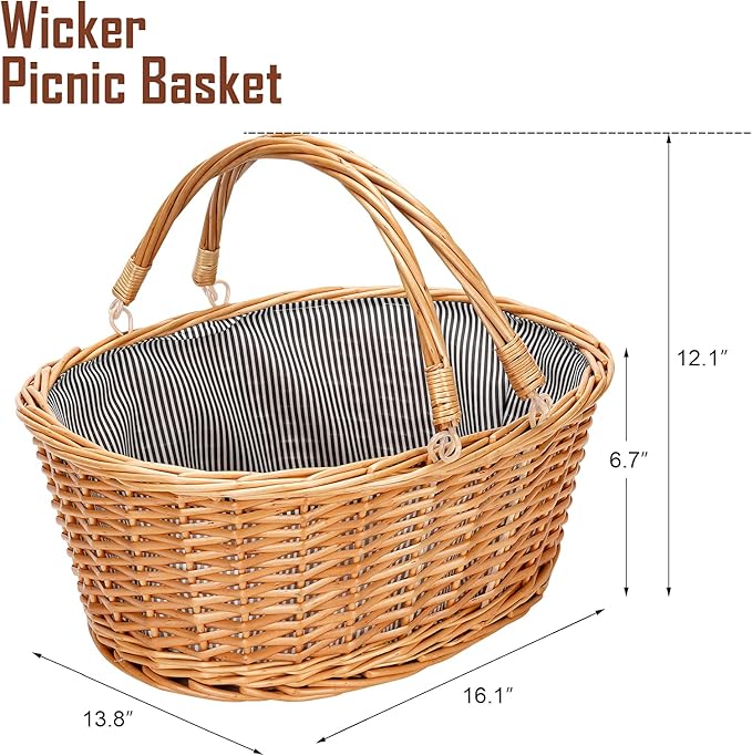 Wicker Picnic Basket with Double Folding Handles, Natural Large Willow Hamper Empty Basket Cheap Easter Eggs Candy Storage Wine Basket for Toy, Flower, Wedding（Grey 16inch）