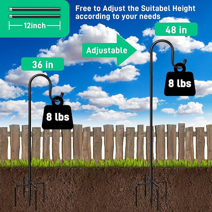 5-Prong Shepherd Hooks for Outdoor 2 Pack Heavy Duty Iron Garden Hooks for Hanging Plants, Bird Feeders, Lanterns, Solar Lights, and Wedding Decor – Rust-Resistant, Adjustable, Easy to Install 48 Inch