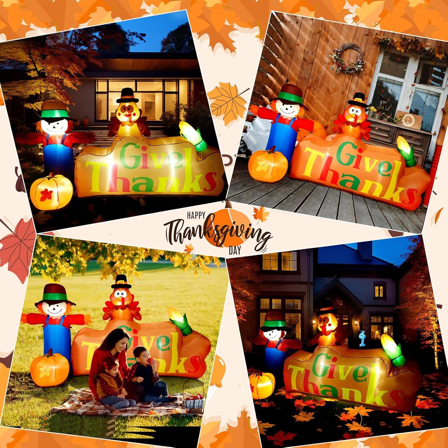 CAMULAND 8Ft Autumn Outdoor Built-in LED Inflatable Scarecrow and Turkey – Thanksgiving Inflatable Decorations Great for Home, Yard, Lawn – Warm Blow Up Décor for Fall Harvest Party