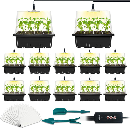12-Set Seed Starter Tray with Grow Light, Seed Starting Trays Kits with Timing Controller Adjustable Humidity Domes Heightened Lids(12-Cells Per Tray)