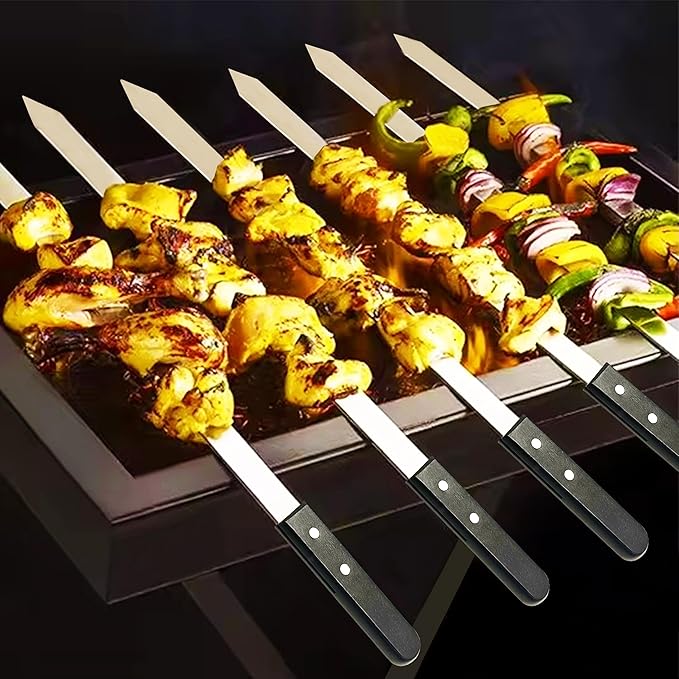 23.6 Inch Long Kabob Skewers, 0.91 Inch Wide, Stainless Steel with Black Wood Handle, 7 Pack