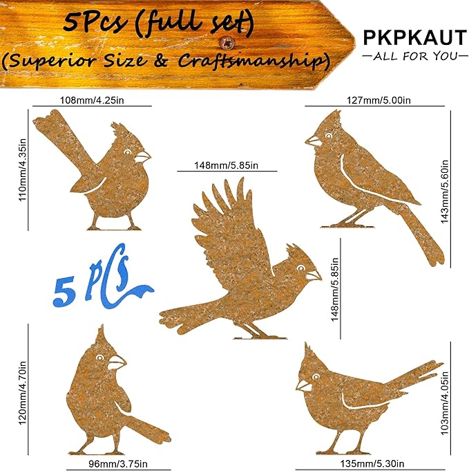 5Pcs Metal Birds Cardinal Craft Statue Ornaments Fence Topper Decor, Rusty Birds Metal Art for Fence Decorations Outdoor, Metal Bird Silhouette with Rusty Yard Art