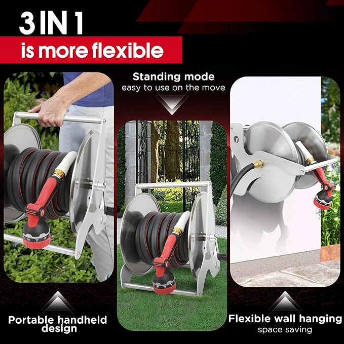 Stainless Steel Garden Hose Reel, Wall Mount or Floor Mounted with 3/4 Inch Brass Fittings Lead hose, 135 Ft Capacity with Crank Handle & portable hose reels for outside