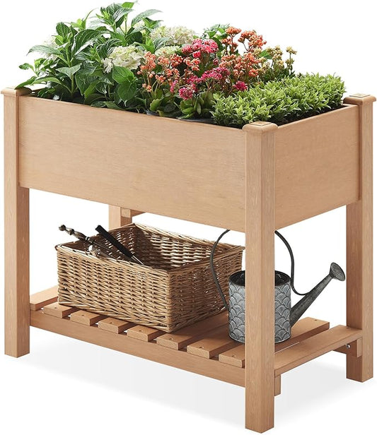 Psilvam Planter Box Raised Garden Bed, Poly Lumber Raised Garden Beds Outdoor with Storage Racks and Tarps, Superior to Cedar Elevated Garden Bed, for Balcony and Porch, 350 lbs Load (Teak Color)