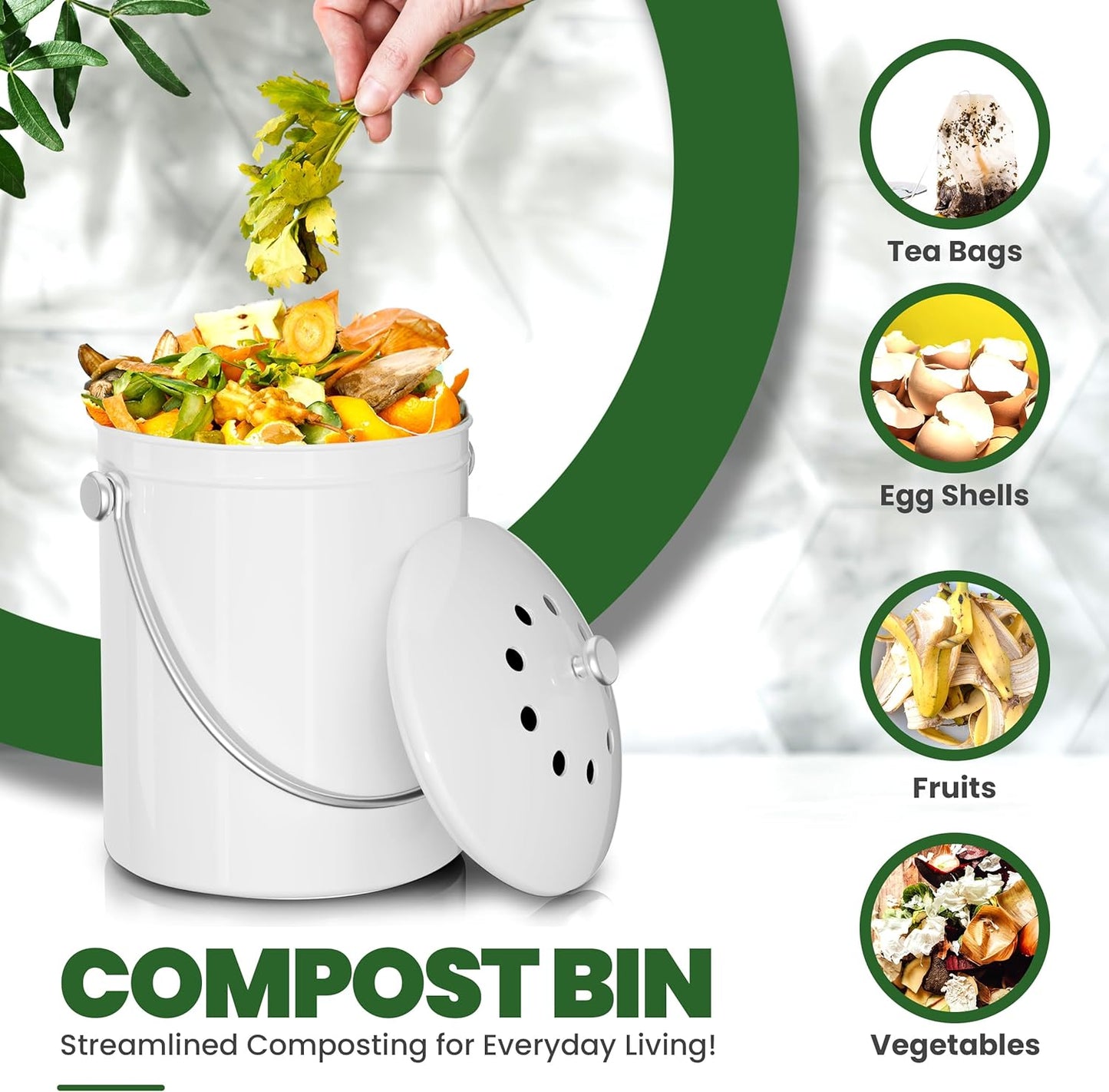 Utopia Kitchen Compost Bin for Kitchen Countertop, 1 Gallon Compost Bucket for Kitchen with Lid, Includes 1 Spare Charcoal Filter (White)