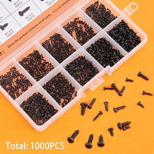 LYJEE Small Screws Assortment Kit, 1000pcs Miniature Phillips Replacement Screws for Glasses Watch Clock, 10 Kinds M1 M1.2 M1.4 M1.7 Phillips Head Self-Tapping Screws