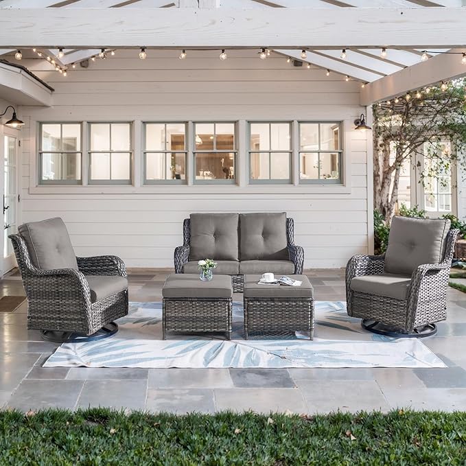 5 Piece Outdoor Patio Furniture Set - Wicker Furniture Patio Conversation Set, Outdoor Swivel Rocker Chairs with Loveseat Sofa and 2 Ottomans for Small Space, Gray Cushion