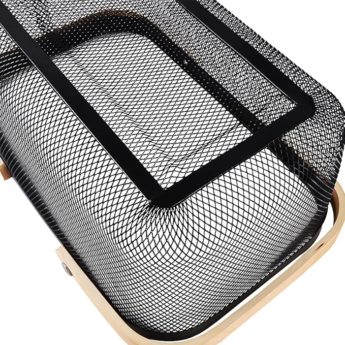 Portable Mesh Harvest Basket - Natural Bamboo Handle Foldable Organizer for Kitchen, Garden & Picnic | Ventilated Storage Bin with Rust-Proof Wire, Space-Saving Farmhouse Decor (Black)