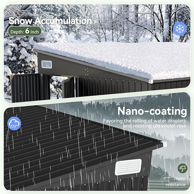 Aoxun 12' x 7.3' Shed 441 CU.FT Outdoor Waterproof Storage Shed with Triple Lockable Door Garden Metal Tool Shed for Outside (Black)