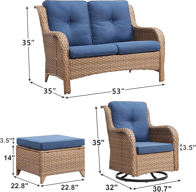 Outdoor Wicker Patio Furniture Set - 5 Piece Rattan Patio Conversation Set with 2 Rocking Swivel Chairs,2 Ottomans and 1 Loveseat for Porch Deck Backyard Garden(Yellow/Blue)