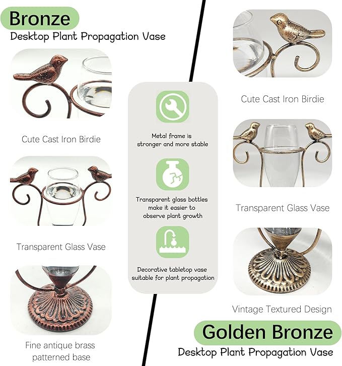 2 Pack Desktop Plant Terrarium,Bird Art Glass Propagation Vase, Propagation Planters with Vintage Metal Frame, Suitable for Decoration of Desktop Hydroponic Plants in Office and Living Room