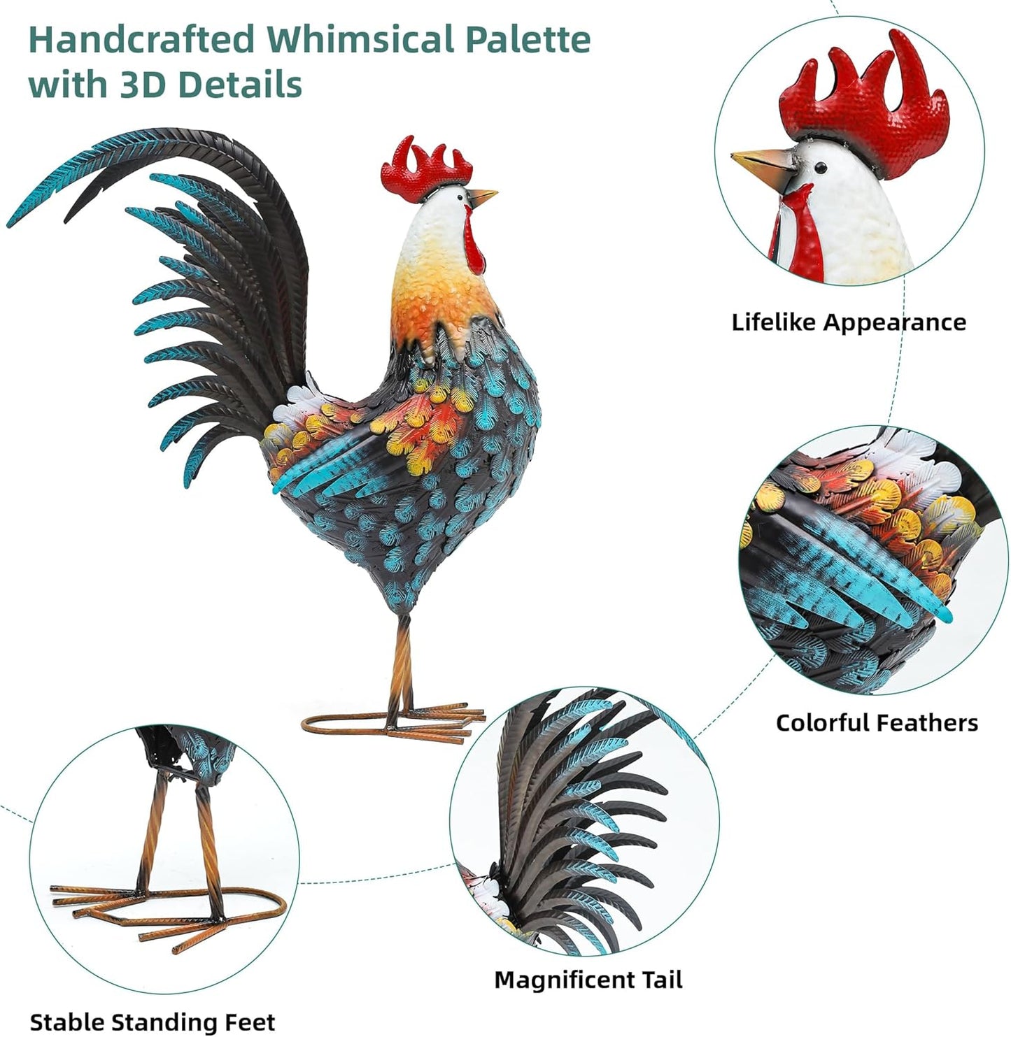 32in Metal Rooster Decor, Outdoor Garden Statues, Metal Chicken Sculpture for Backyard Patio Garden Kitchen Décor