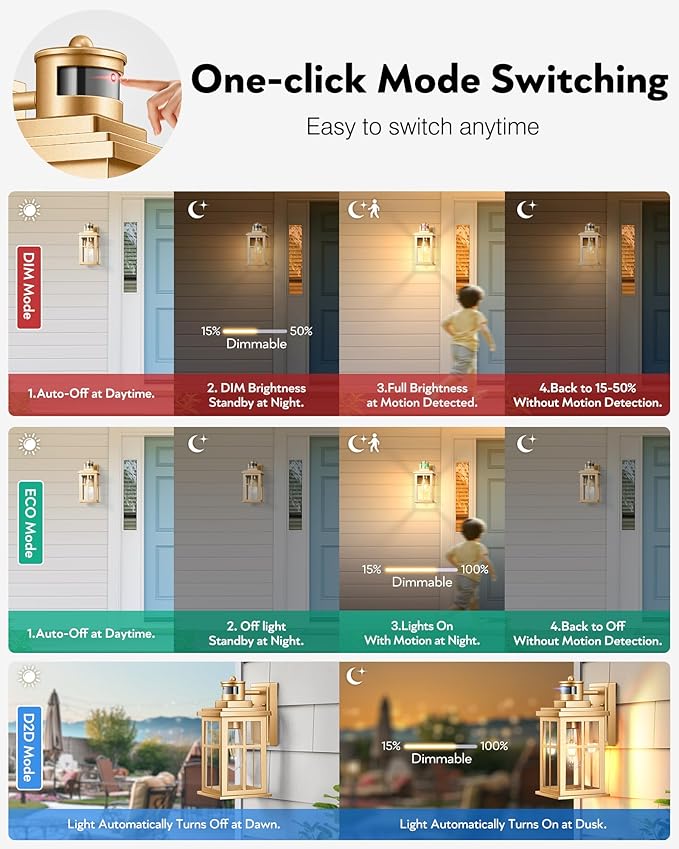 Motion Sensor Outside Lights for House, Modern Dusk to Dawn Outdoor Lighting, 2 Pack Gold Anti-Rust Outdoor Wall Lights with Transparent Glass, Waterproof Outdoor Porch Lights for House, Patio