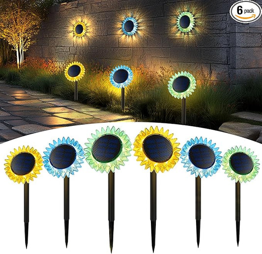 Solar Outdoor Garden Lights, 6 Pack Sunflower LED Ground&Wall 2-in-1 IP67 Waterproof Decorative Light for Yard Landscape Pathway Patio Walkway Backyard Decor (Warm White)