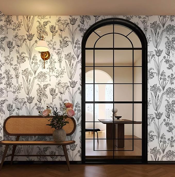 Dimoon 393"x17.3" Floral Peel and Stick Wallpaper White Contact Paper Waterproof Black Lines Wallpaper Vintage Flower Thicken Plant Self Adhesive Removable Wall Covering Shelf Liner Decal Vinyl Roll