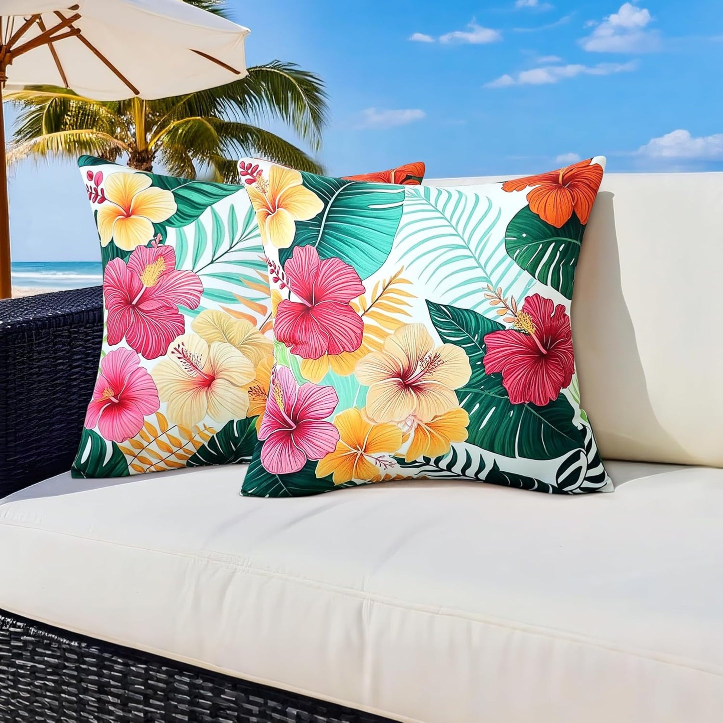 Outdoor Pillow Covers 18x18 Inch Set of 2 Tropical Floral Plants Boho Throw Pillows Cases Waterproof Square Garden Cushion Sham for Patio Funiture Balcony Bench Sofa Couch, Yellow & Red
