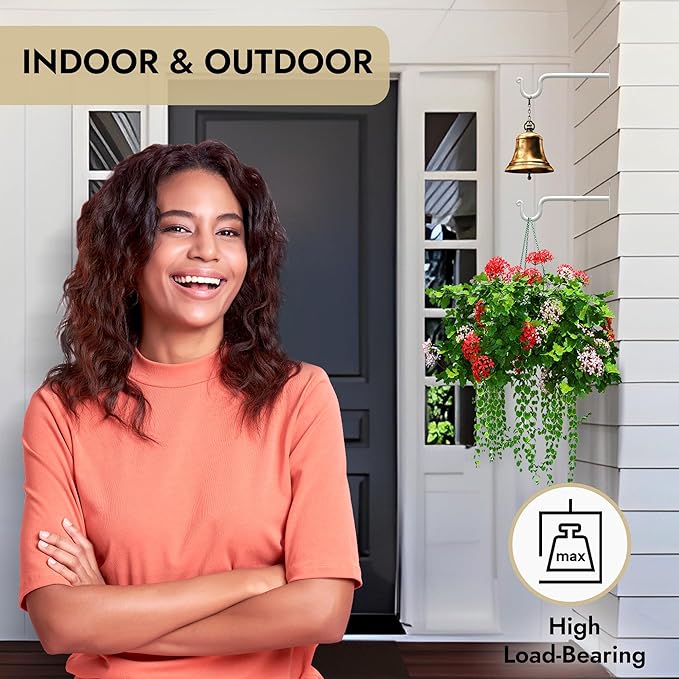 RTZEN Plant Hangers Outdoor or Indoor - Wrought Iron Metal Hanger Indoor Hook - Heavy Duty Wall Bracket Hooks for Hanging Plants Baskets Lanterns Wind Chimes - 2 Pack (White Shepherds Hooks)