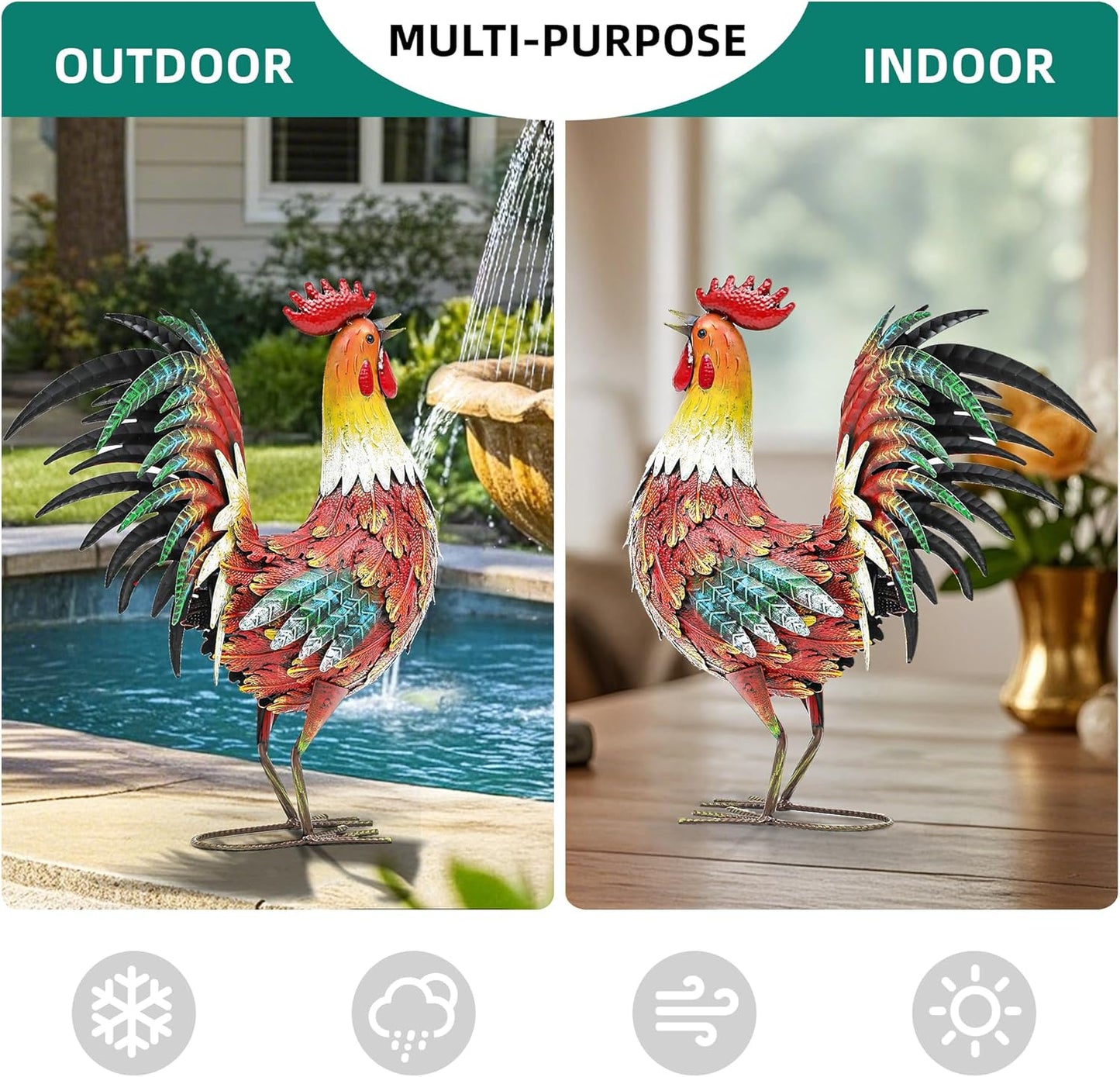 21in Metal Rooster Yard Decor, Outdoor Garden Statues, Metal Chicken Sculpture for Backyard Garden Patio Kitchen Décor