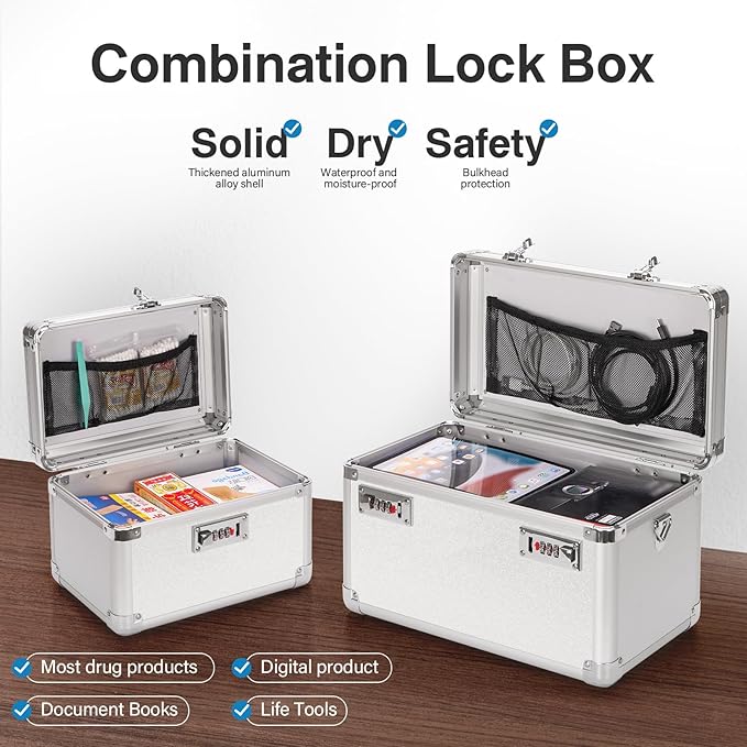 Combination Lock Box - 13.4x8.2x7.6 Inch Large - Security Lock Boxes for Medicine, Locking Storage Box for Personal Items Passports and Documents, Lockable Lockbox for Office Business, Silver