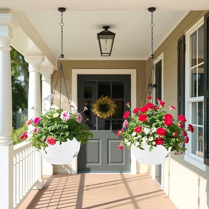 2 Pack 12 Inch Large Hanging Planters with Chains Self Watering White Plastic Hanging Pots for Indoor Outdoor Plants, Garden Porch Home Decor，White