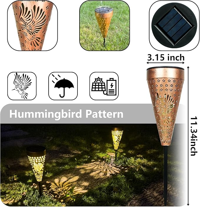 4-Pack Hummingbird Outdoor Decor Solar Pathway Lights, Metal Landscape Lighting for Outside Use: Patio, Yard, Lawn, Backyard, Walkway, Driveway – Gifts for Women, Mother, Grandmother