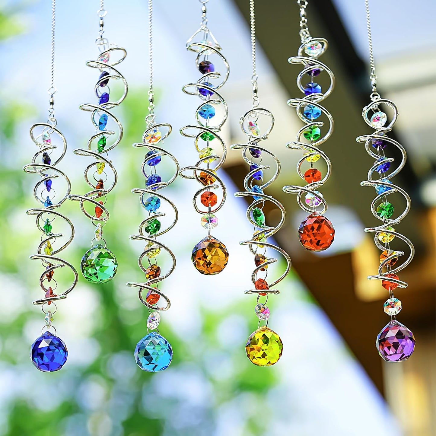 H&D HYALINE & DORA 7 Pack Crystal Suncatchers for Windows Hanging Gazing Ball Spiral Tail Wind Spinners Stainless Steel Hanging with Swivel Hook for Yard and Garden Indoor Home Decor