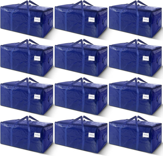 12 Pack Extra Heavy Duty Large Moving Bags with Strong Zipper & Carrying Handles, Sturdy Clothes Storage Bag Totes Bins, Packing Bags Moving Boxes College Moving Supplies, Dark Blue - 33 gal